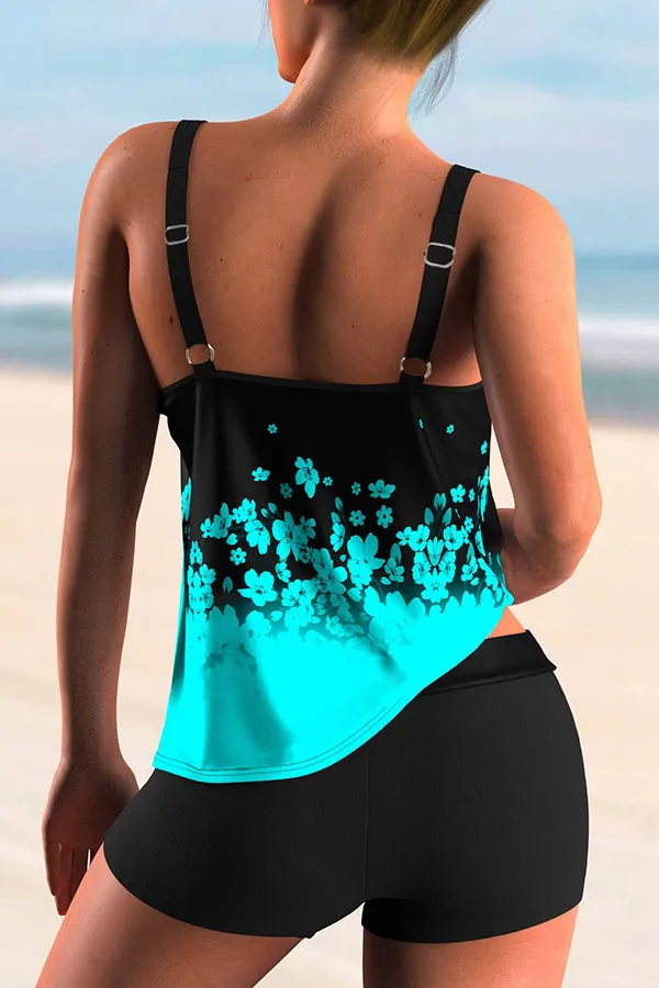 Flower Print U Collar Classic Tankini & Shorts