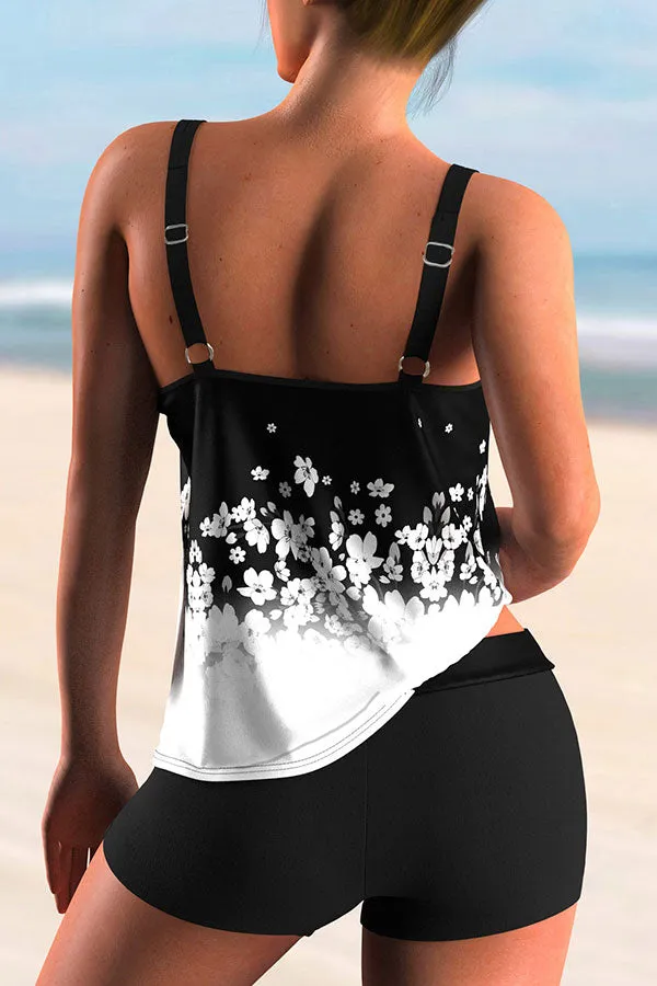 Flower Print U Collar Classic Tankini & Shorts