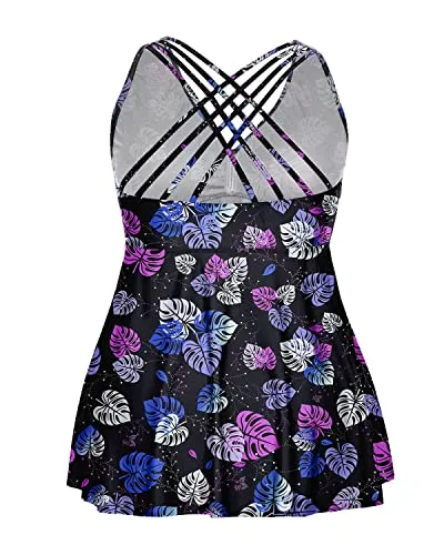 Flowy Plus Size Tankini Top For Women No Bottom V Neck Swim Top-Black Leaves