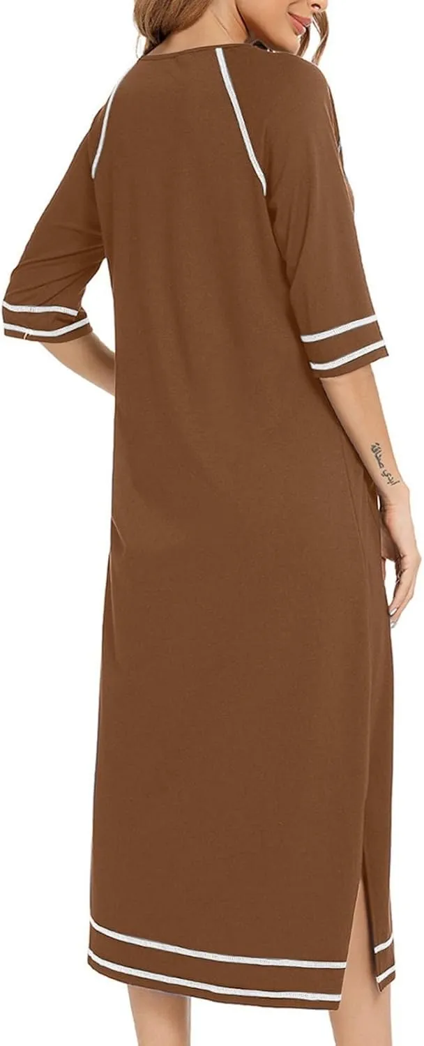 Full Length Nightgowns for Women Zipper Front Robe Comfy Long Night Dress Trendy 3/4 Sleeve Sleepwear Loose Nightwear