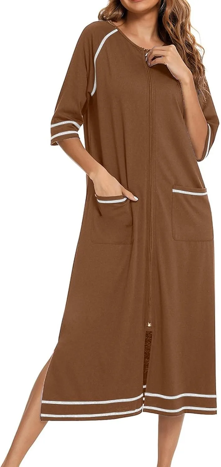 Full Length Nightgowns for Women Zipper Front Robe Comfy Long Night Dress Trendy 3/4 Sleeve Sleepwear Loose Nightwear