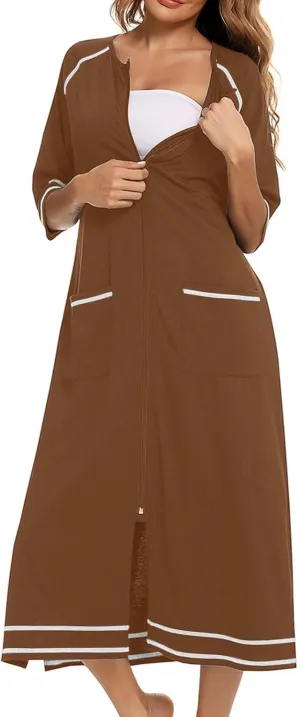 Full Length Nightgowns for Women Zipper Front Robe Comfy Long Night Dress Trendy 3/4 Sleeve Sleepwear Loose Nightwear