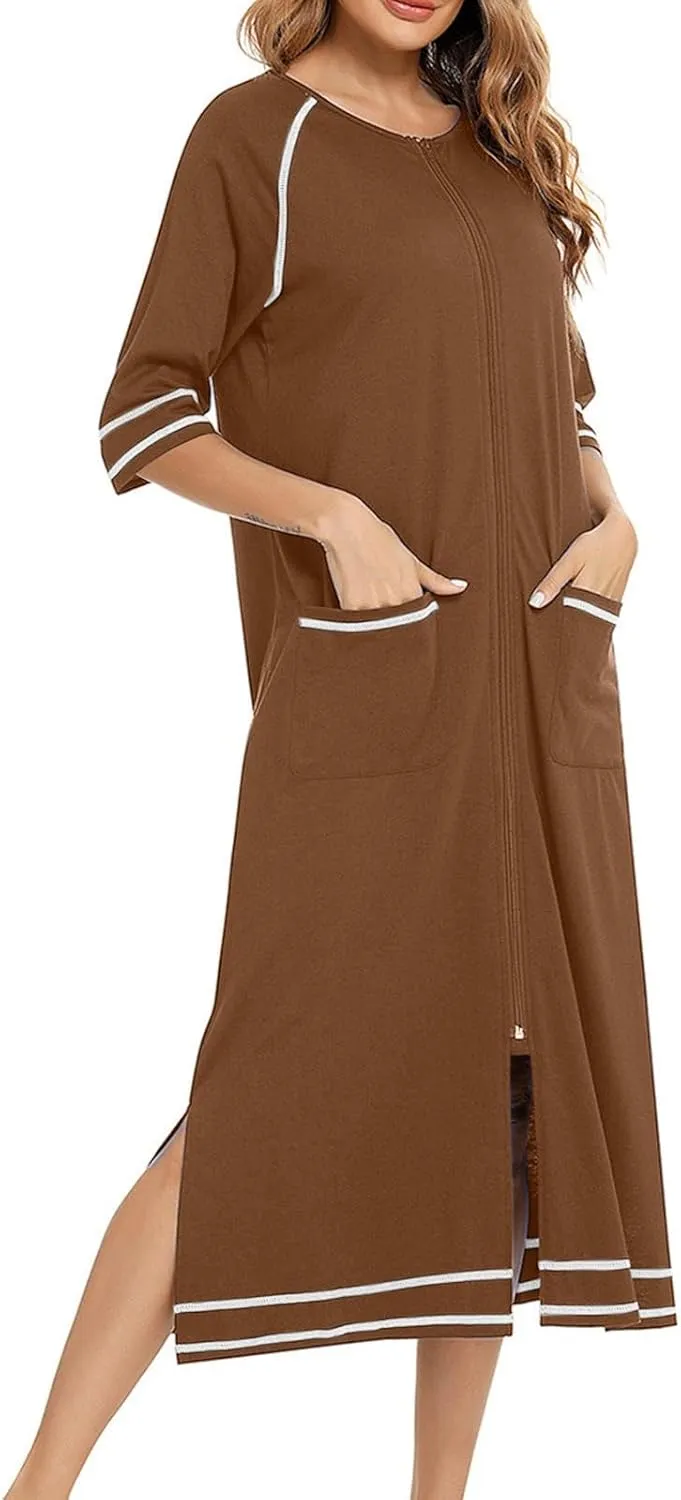 Full Length Nightgowns for Women Zipper Front Robe Comfy Long Night Dress Trendy 3/4 Sleeve Sleepwear Loose Nightwear