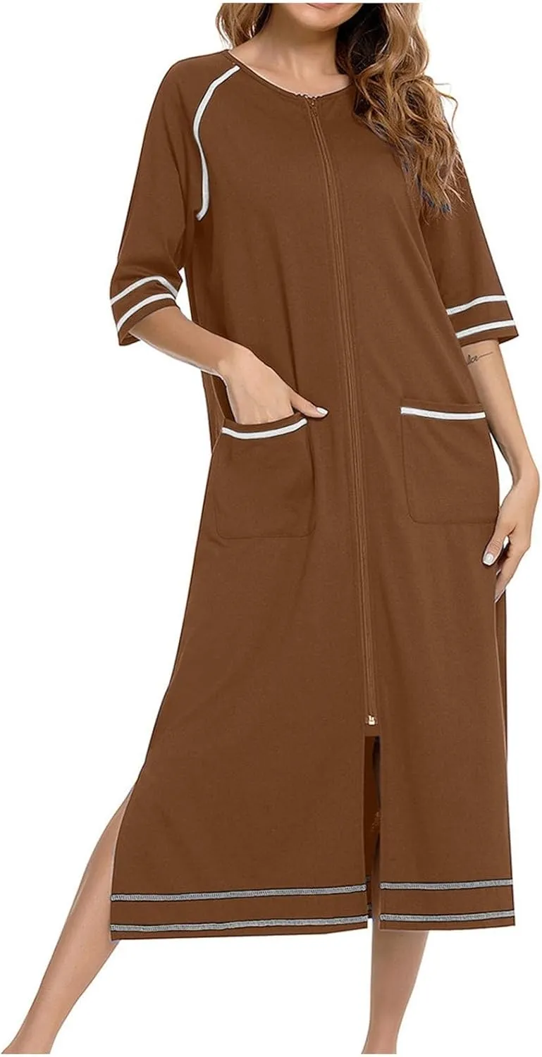 Full Length Nightgowns for Women Zipper Front Robe Comfy Long Night Dress Trendy 3/4 Sleeve Sleepwear Loose Nightwear