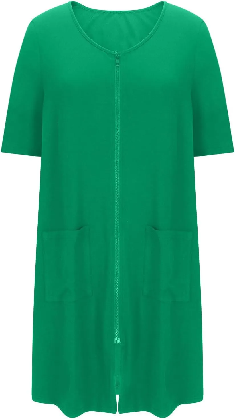 FZYLQY 2024 Women Zipper Front House Coat Short Sleeves/3/4 Sleeve Robe Bathrobes Lightweight Knee Length Short House Dress