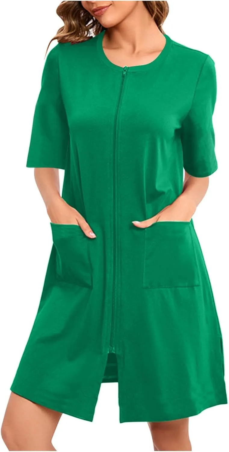 FZYLQY 2024 Women Zipper Front House Coat Short Sleeves/3/4 Sleeve Robe Bathrobes Lightweight Knee Length Short House Dress