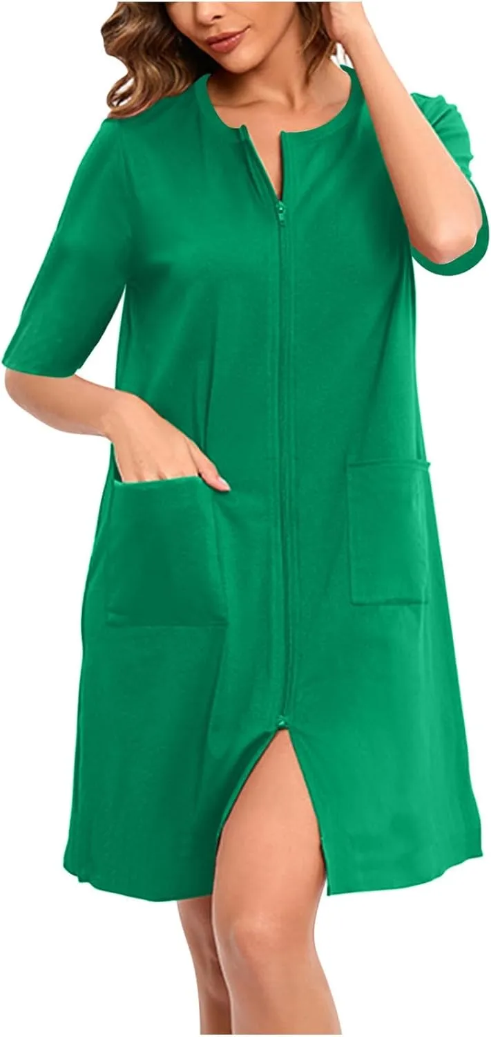 FZYLQY 2024 Women Zipper Front House Coat Short Sleeves/3/4 Sleeve Robe Bathrobes Lightweight Knee Length Short House Dress