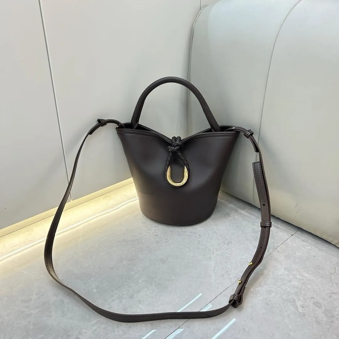 Genuine Leather Woven Bucket Bag for Women with Knot Closure  Versatile Handheld, Shoulder and Crossbody Bag