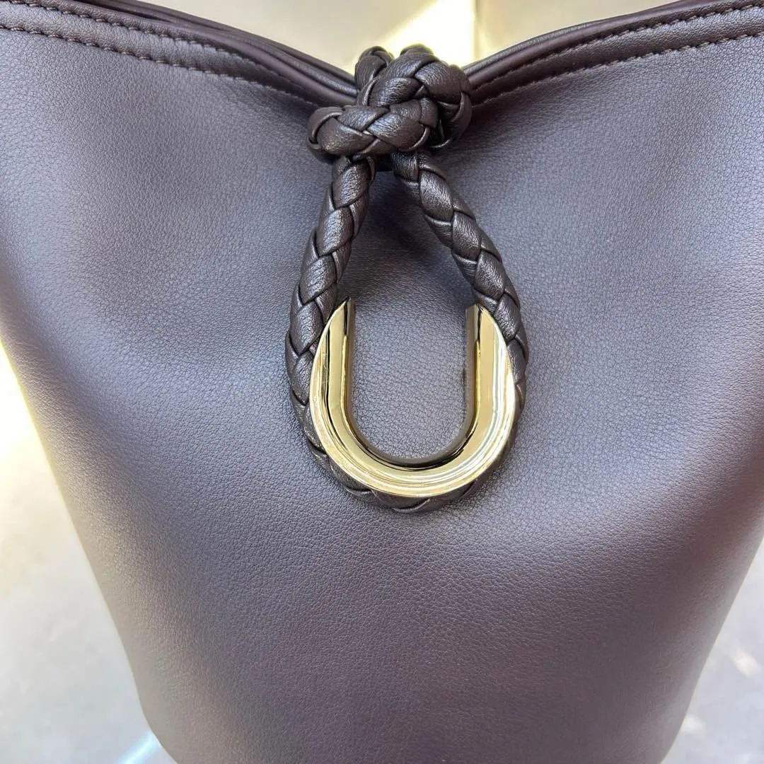 Genuine Leather Woven Bucket Bag for Women with Knot Closure  Versatile Handheld, Shoulder and Crossbody Bag