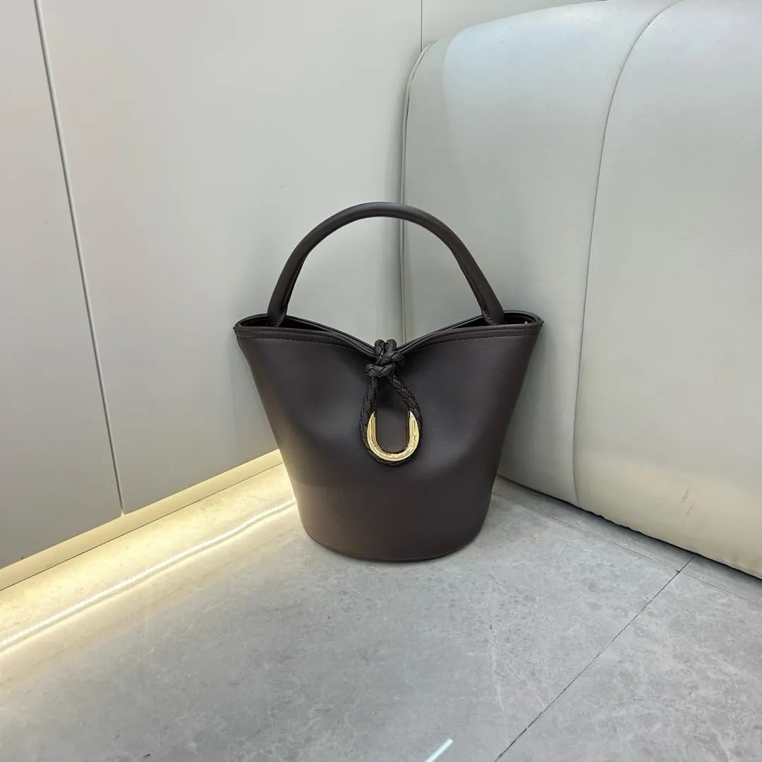 Genuine Leather Woven Bucket Bag for Women with Knot Closure  Versatile Handheld, Shoulder and Crossbody Bag