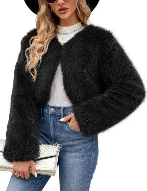 Gihuo Women's Winter Cropped Faux Fur Coat Long Sleeve Open Front Cardigan Fleece Jackets Shaggy Parka Outerwear