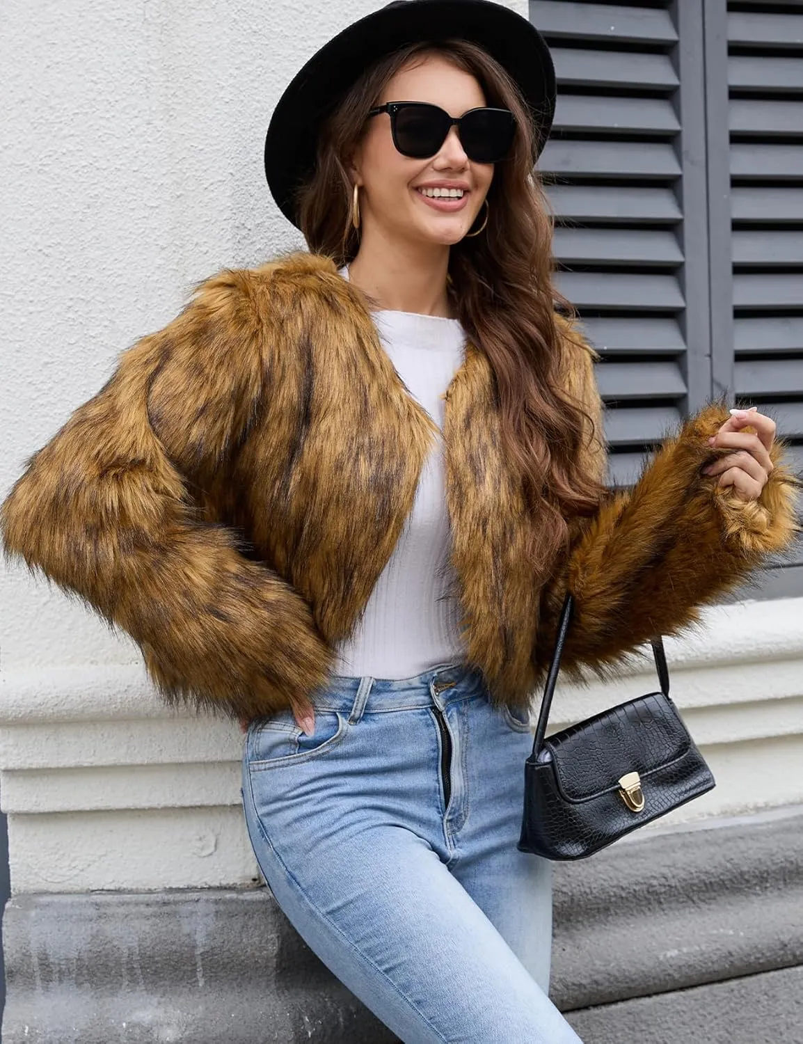Gihuo Women's Winter Cropped Faux Fur Coat Long Sleeve Open Front Cardigan Fleece Jackets Shaggy Parka Outerwear
