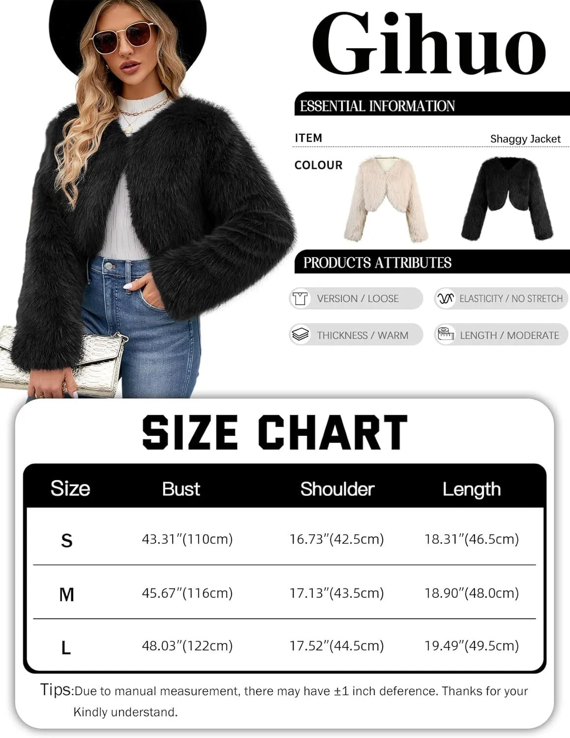 Gihuo Women's Winter Cropped Faux Fur Coat Long Sleeve Open Front Cardigan Fleece Jackets Shaggy Parka Outerwear