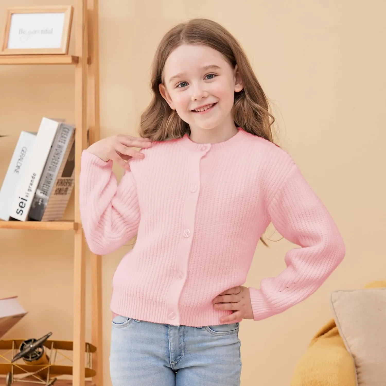 Girls' Cardigan with Button Loose Long Sleeve Shrug Sweaters Cropped Uniforms Kids Knit Sweater Outerwear
