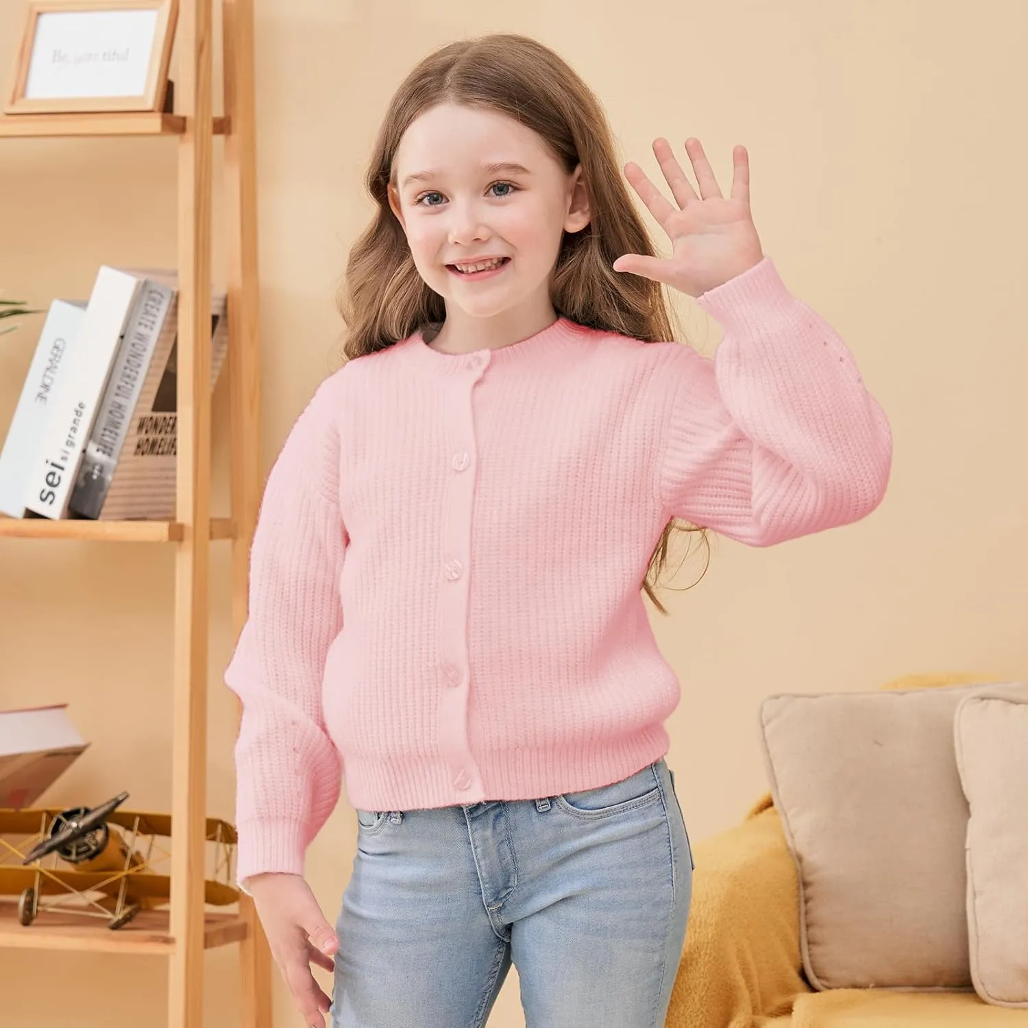Girls' Cardigan with Button Loose Long Sleeve Shrug Sweaters Cropped Uniforms Kids Knit Sweater Outerwear