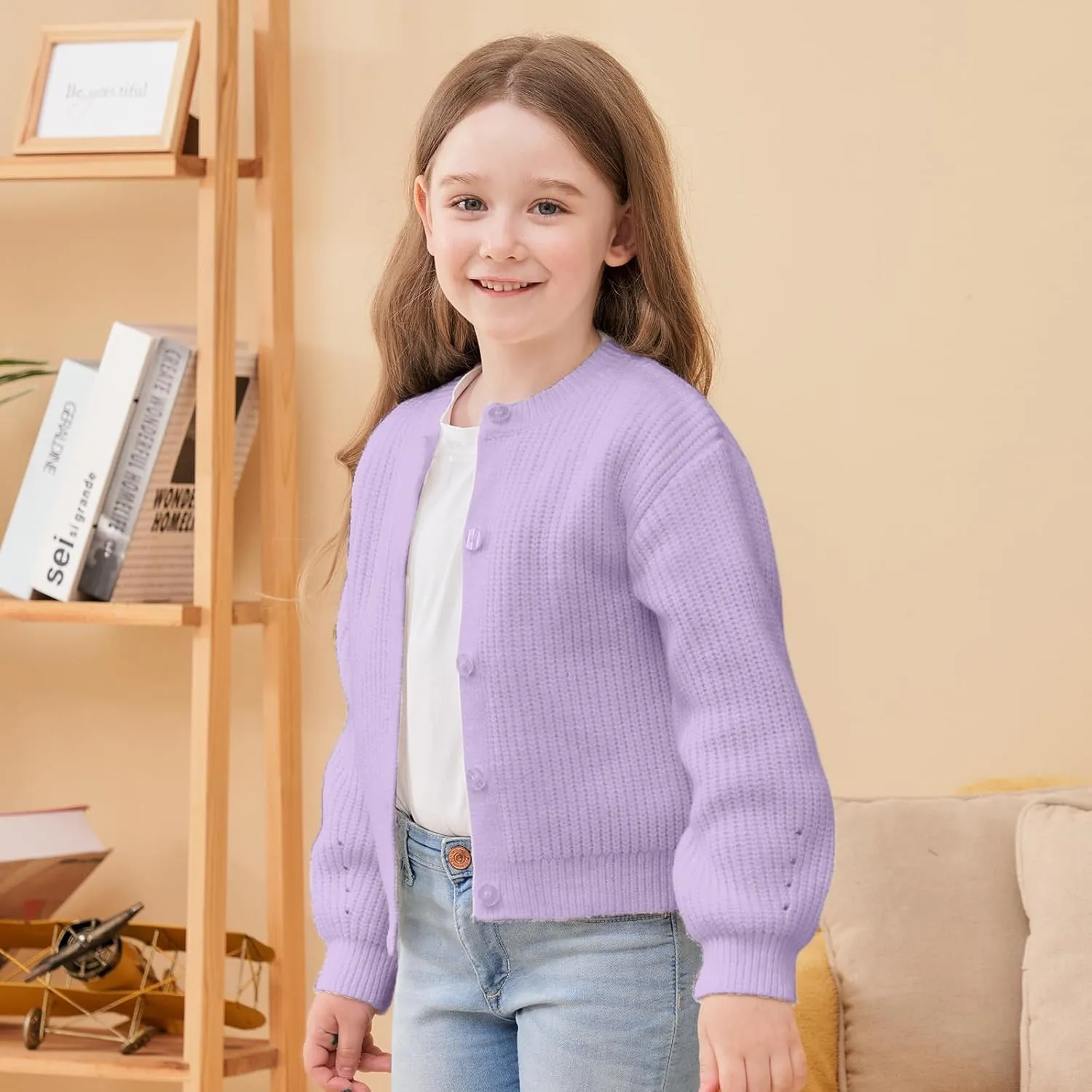 Girls' Cardigan with Button Loose Long Sleeve Shrug Sweaters Cropped Uniforms Kids Knit Sweater Outerwear
