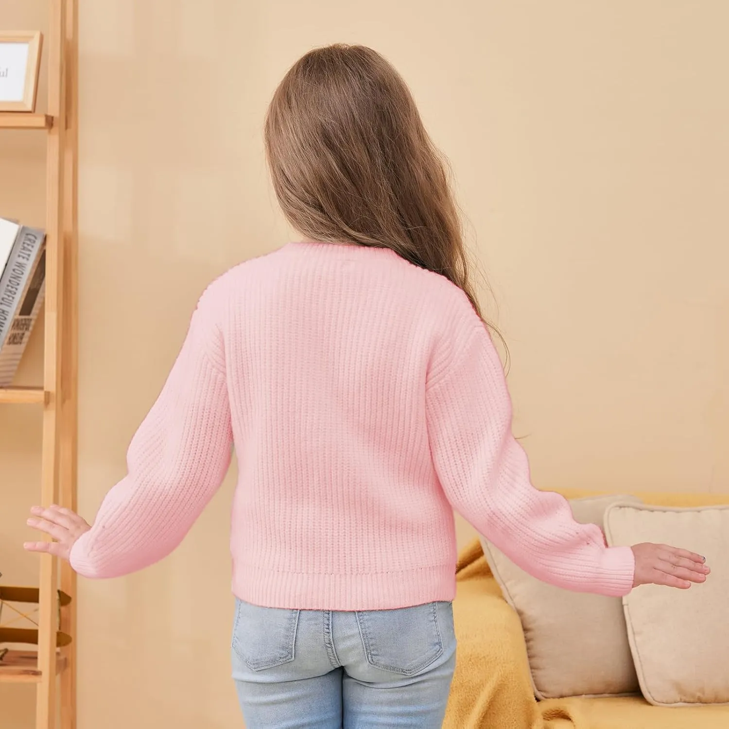 Girls' Cardigan with Button Loose Long Sleeve Shrug Sweaters Cropped Uniforms Kids Knit Sweater Outerwear