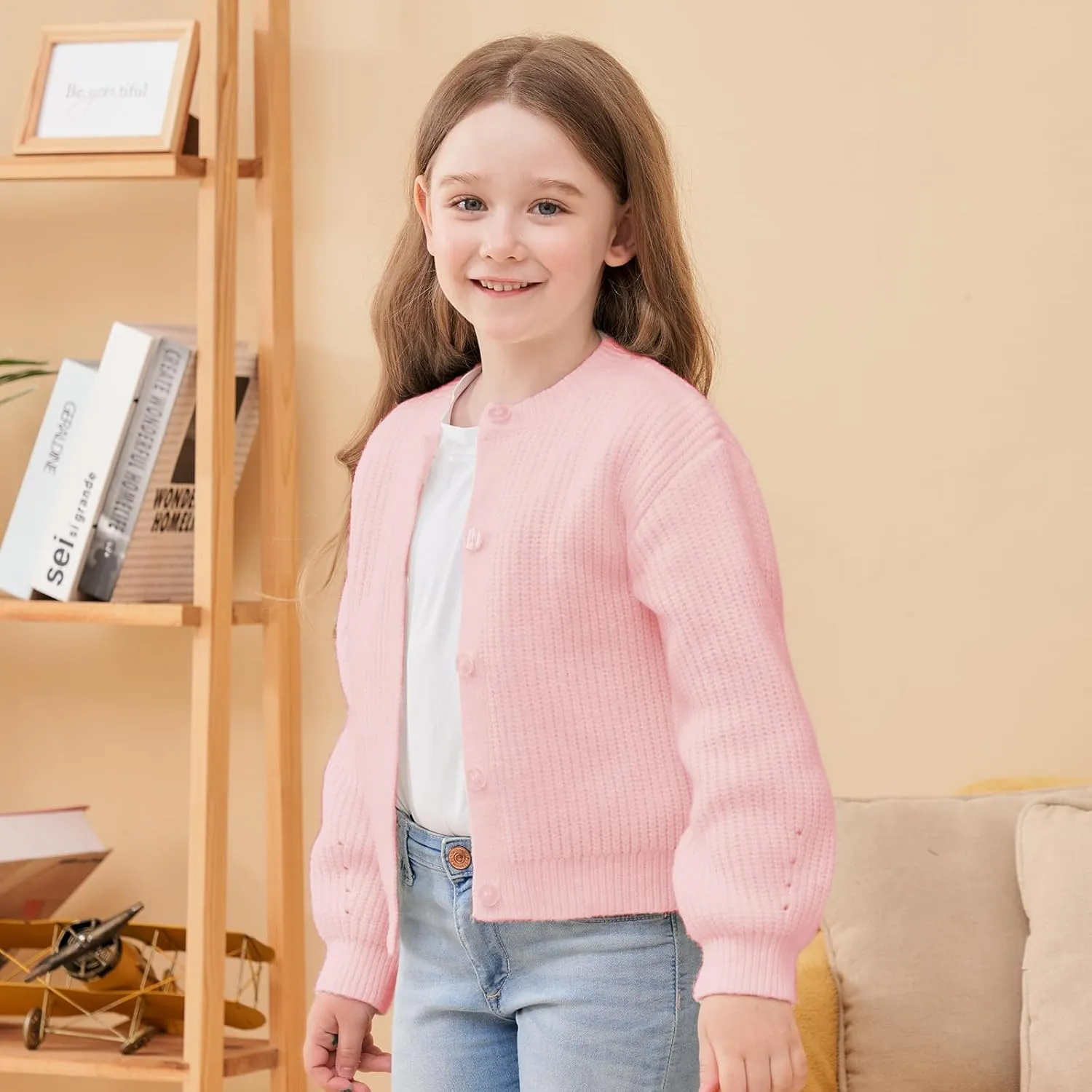 Girls' Cardigan with Button Loose Long Sleeve Shrug Sweaters Cropped Uniforms Kids Knit Sweater Outerwear