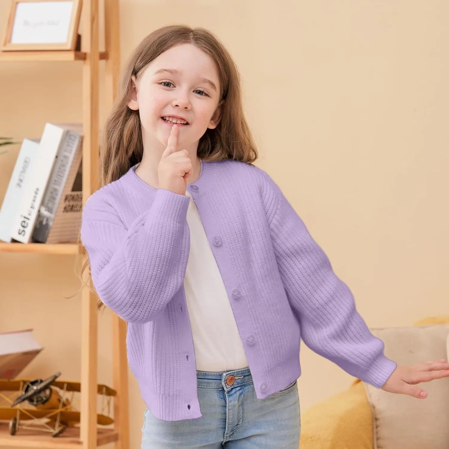 Girls' Cardigan with Button Loose Long Sleeve Shrug Sweaters Cropped Uniforms Kids Knit Sweater Outerwear
