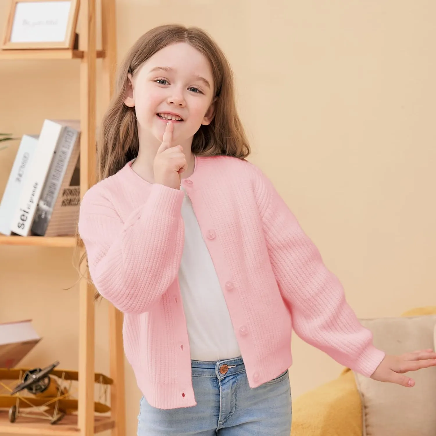 Girls' Cardigan with Button Loose Long Sleeve Shrug Sweaters Cropped Uniforms Kids Knit Sweater Outerwear