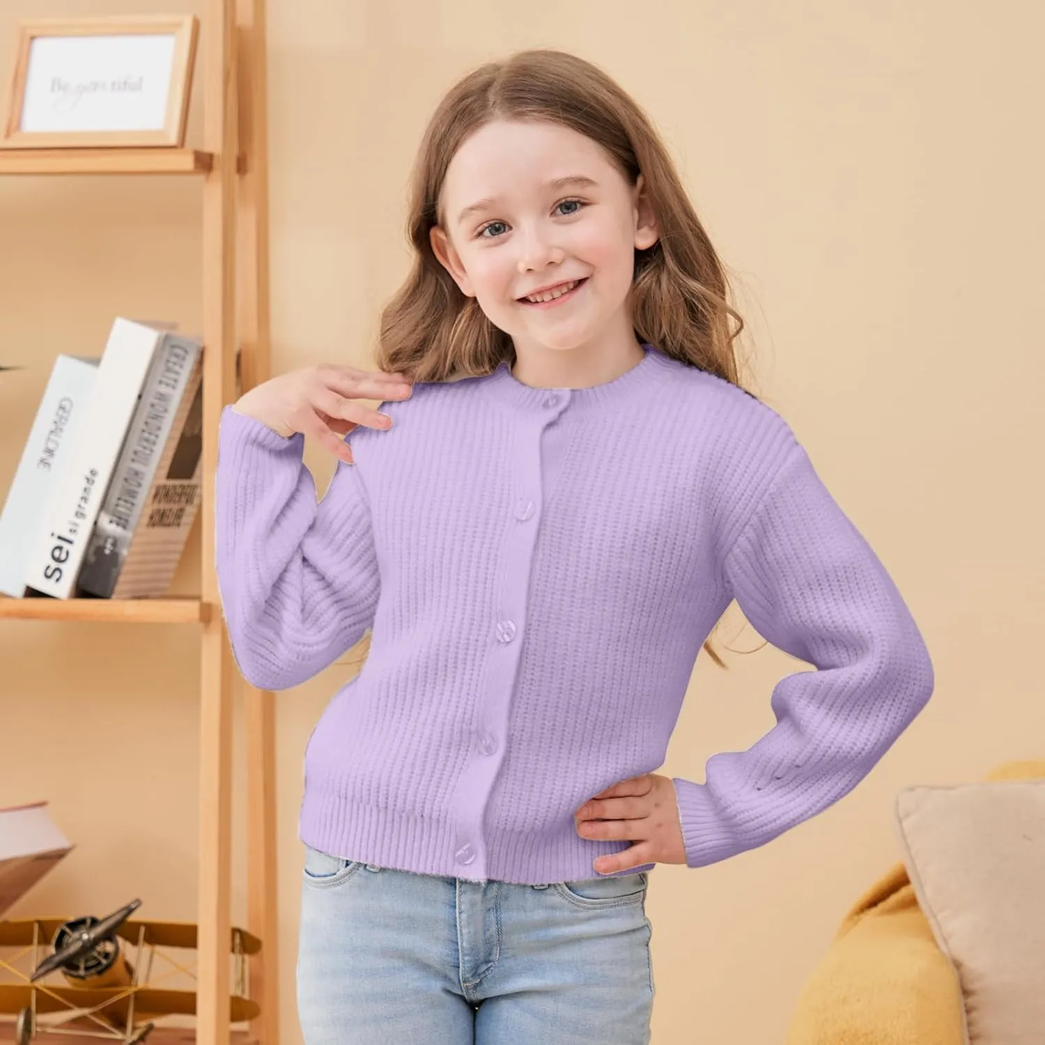 Girls' Cardigan with Button Loose Long Sleeve Shrug Sweaters Cropped Uniforms Kids Knit Sweater Outerwear