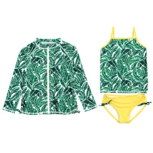 Girls Long Sleeve Rash Guard   Tankini Bikini Set (3 Piece) | "Palm Leaf"