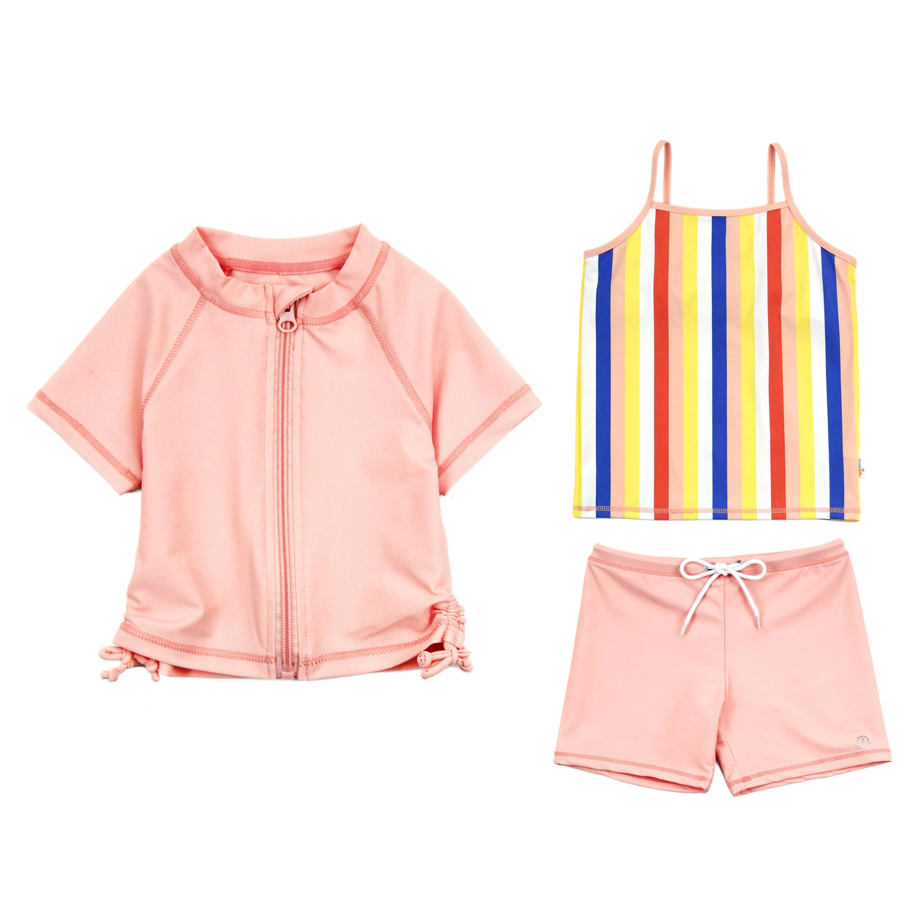 Girls Short Sleeve Rash Guard   Tankini Shorts Set (3 Piece) - "Multi Stripe"