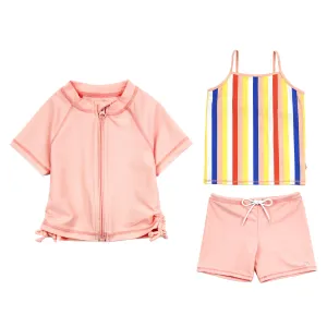 Girls Short Sleeve Rash Guard   Tankini Shorts Set (3 Piece) - "Multi Stripe"