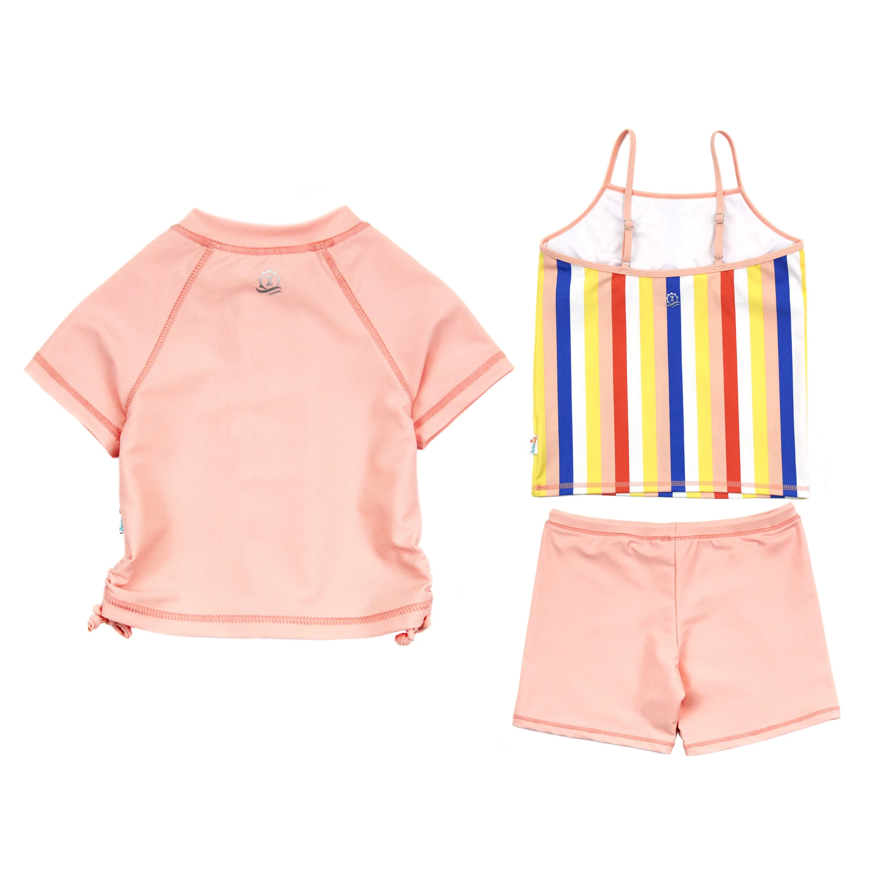 Girls Short Sleeve Rash Guard   Tankini Shorts Set (3 Piece) - "Multi Stripe"