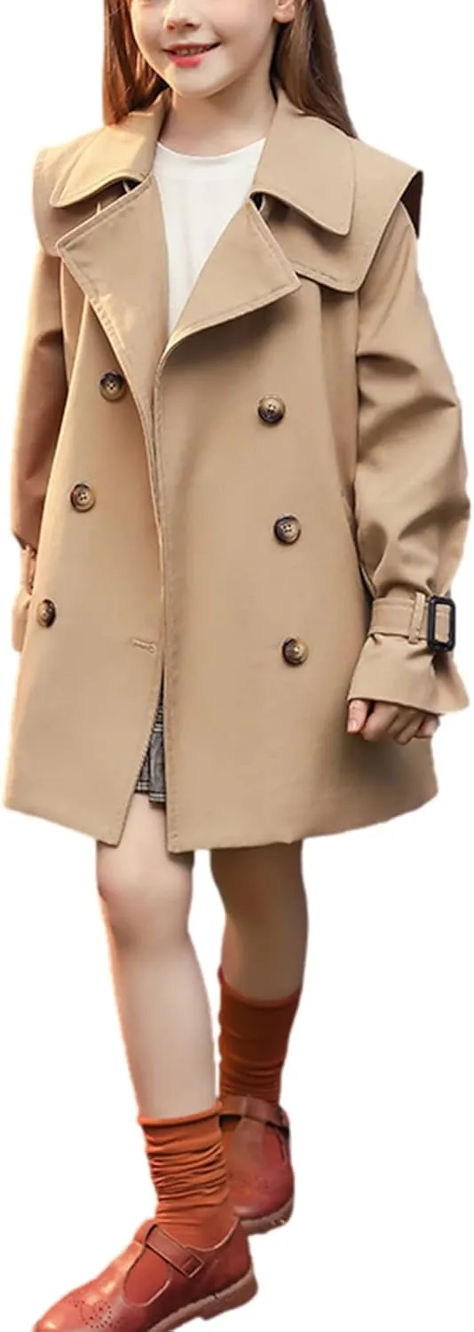 Girl's Trench Coat Single Breasted Windbreaker Jacket Outwear with Belt for 4-17 Years