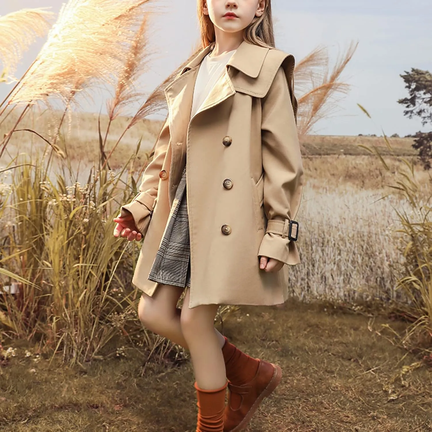 Girl's Trench Coat Single Breasted Windbreaker Jacket Outwear with Belt for 4-17 Years