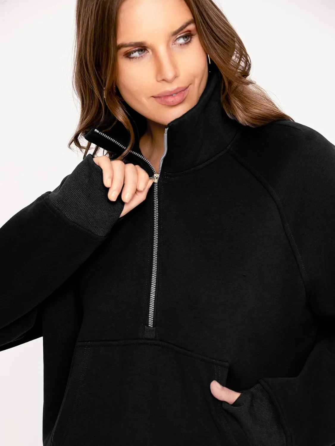 Glamaker Womens Sweatshirts Half Zip Pullover Fleece Cropped Comfort Fall Loose Outfits Fashion Long Sleeve Thumb Hole