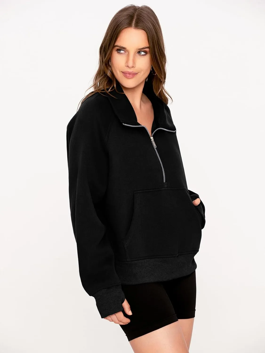 Glamaker Womens Sweatshirts Half Zip Pullover Fleece Cropped Comfort Fall Loose Outfits Fashion Long Sleeve Thumb Hole