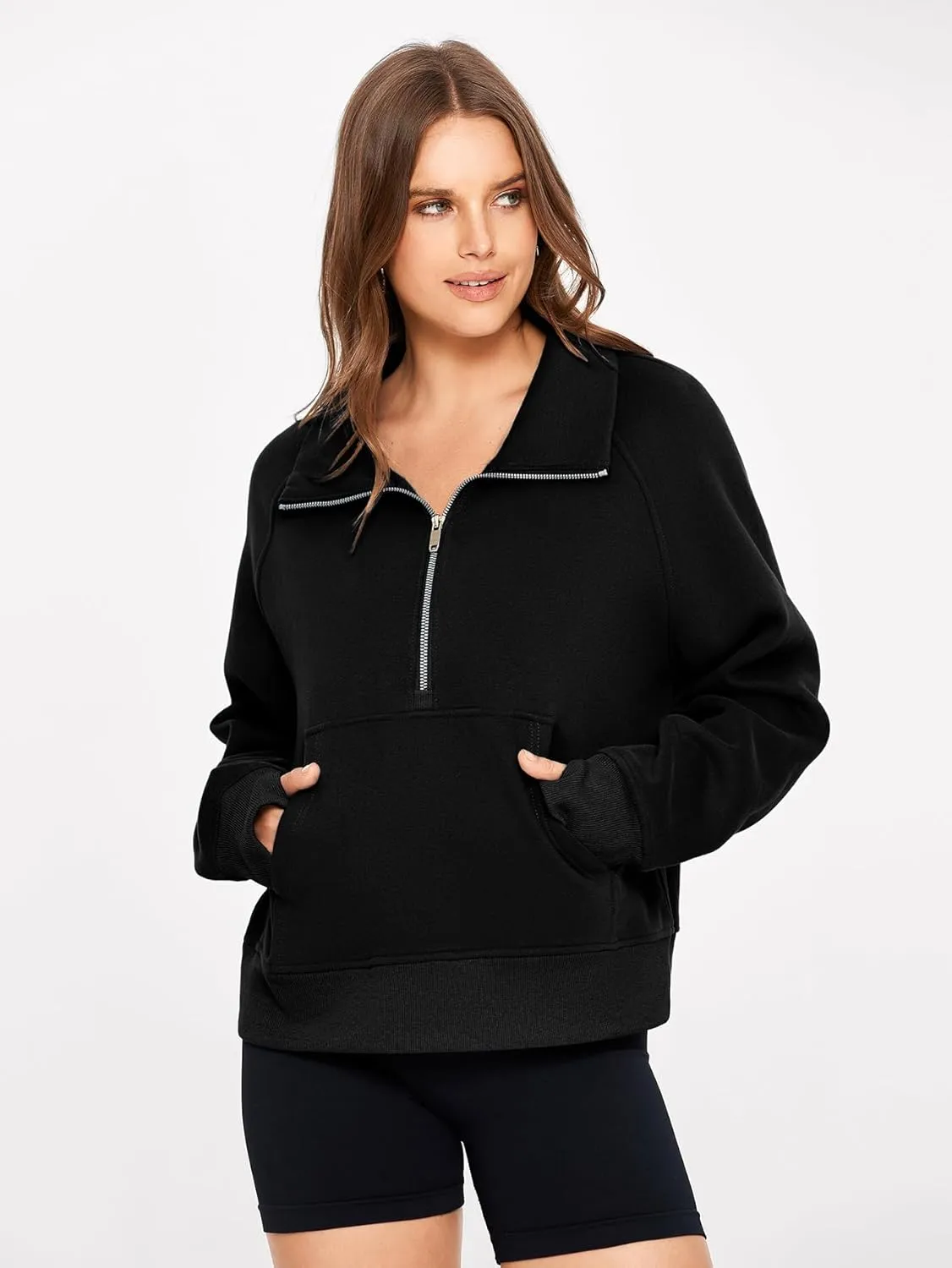 Glamaker Womens Sweatshirts Half Zip Pullover Fleece Cropped Comfort Fall Loose Outfits Fashion Long Sleeve Thumb Hole