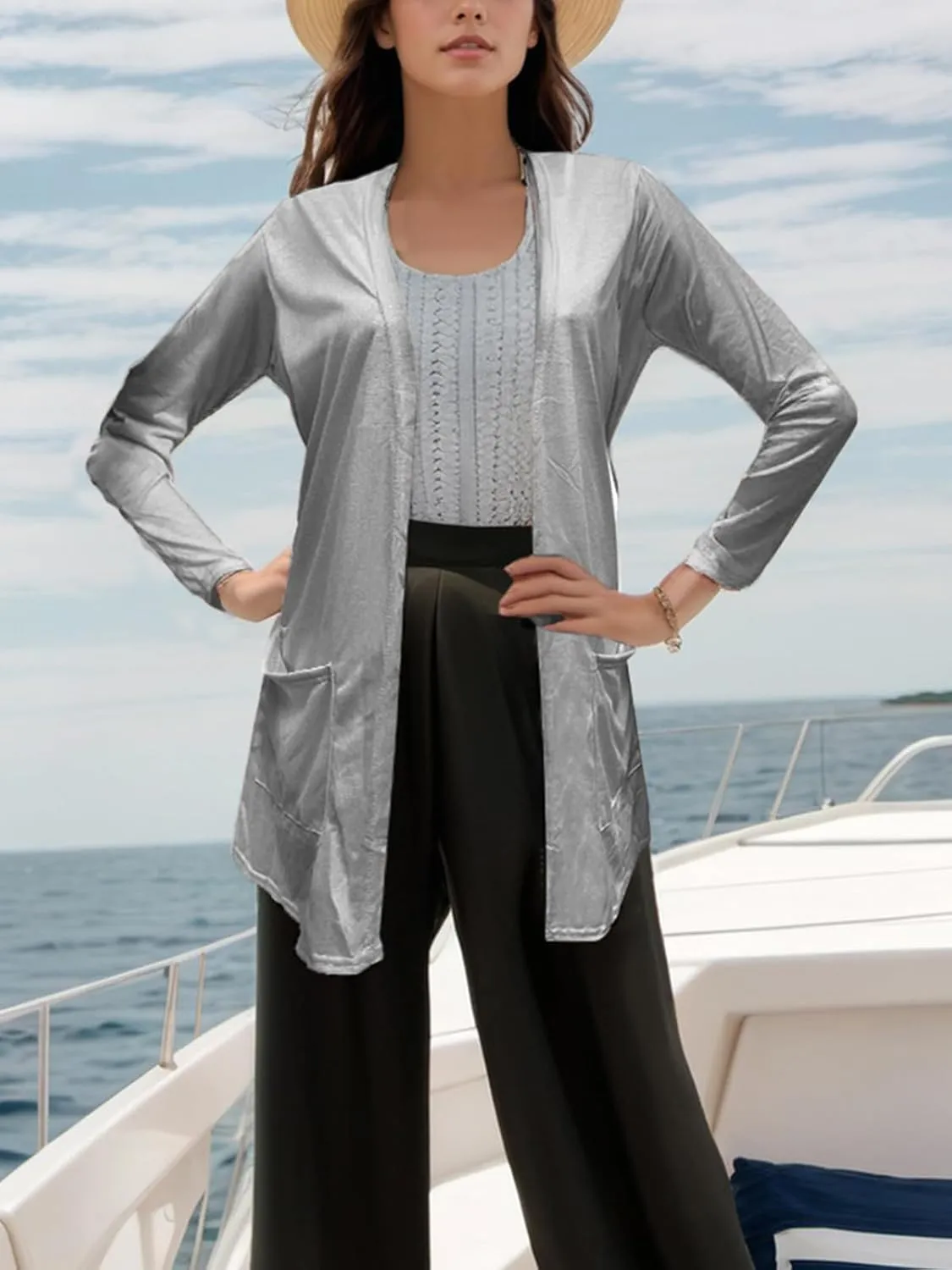 GLIENST Womens Casual Open Front Solid Cardigans Sweaters Long Sleeves Cover Up Coats V Neck Jackets Outerwear