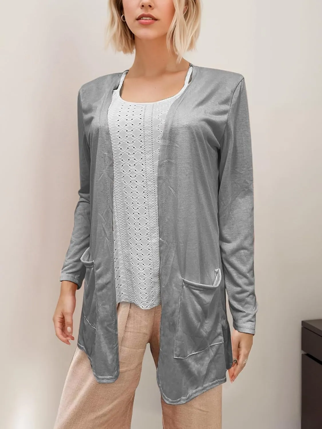 GLIENST Womens Casual Open Front Solid Cardigans Sweaters Long Sleeves Cover Up Coats V Neck Jackets Outerwear