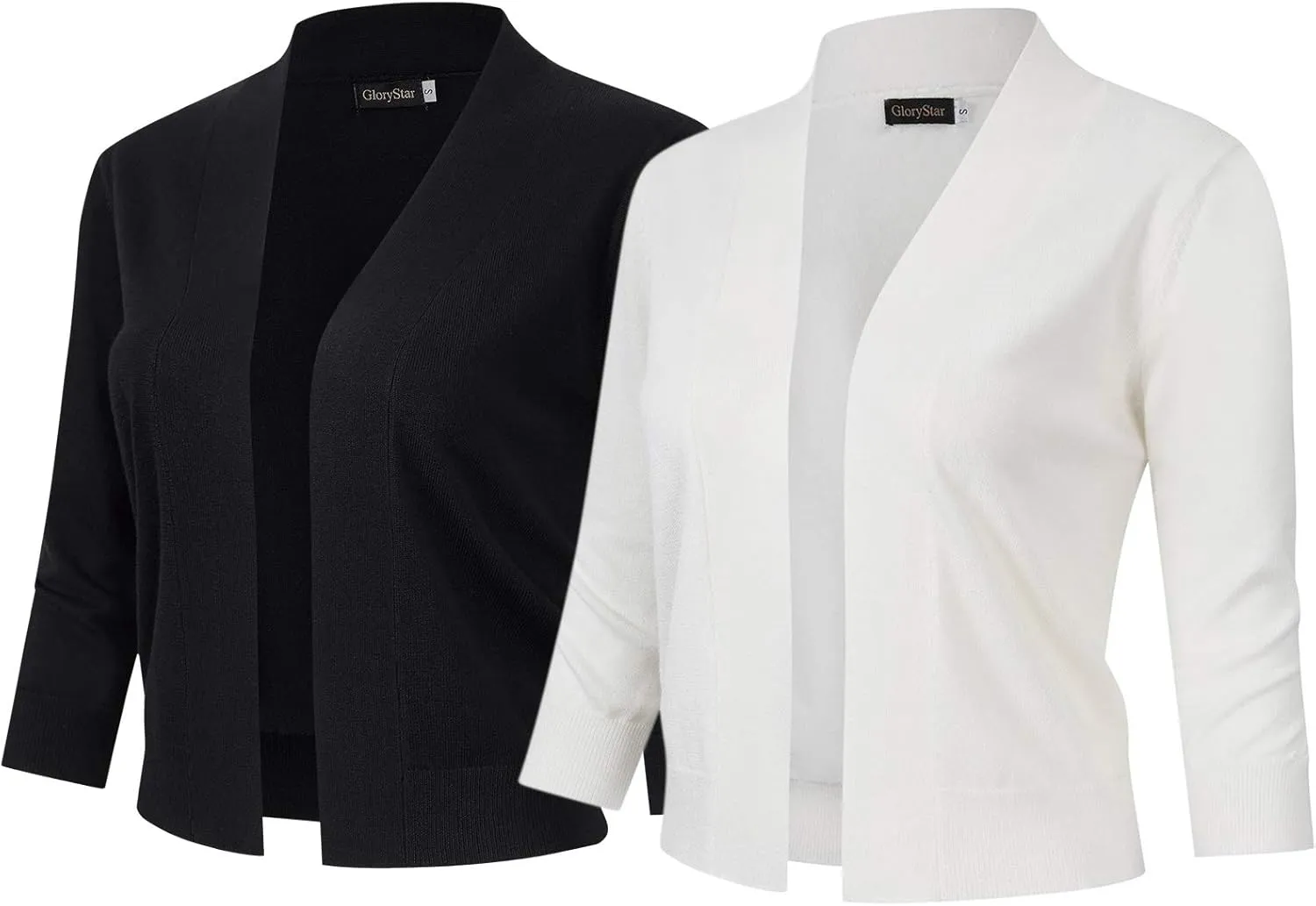 GloryStar Womens 3/4 Sleeve Cropped Cardigan Sweaters Open Front Knit Short Bolero Shrugs Black Ivory L