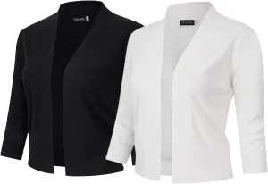 GloryStar Womens 3/4 Sleeve Cropped Cardigan Sweaters Open Front Knit Short Bolero Shrugs Black Ivory L