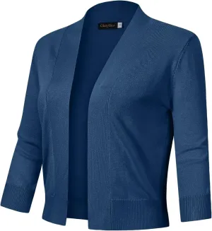 GloryStar Womens 3/4 Sleeve Cropped Cardigan Sweaters Open Front Knit Short Bolero Shrugs Indigo Blue XS