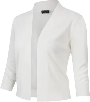 GloryStar Womens 3/4 Sleeve Cropped Cardigan Sweaters Open Front Knit Short Bolero Shrugs (Small, White)