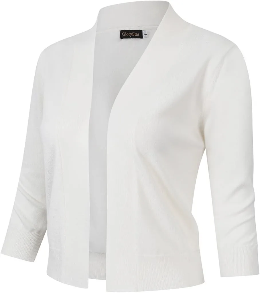 GloryStar Womens 3/4 Sleeve Cropped Cardigan Sweaters Open Front Knit Short Bolero Shrugs (Small, White)