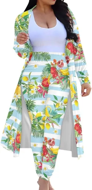 GLUDEAR Womens 2 Piece Outfit Hawaiian Tropical Printed Open Front Cardigan Tights Pant Suits Set
