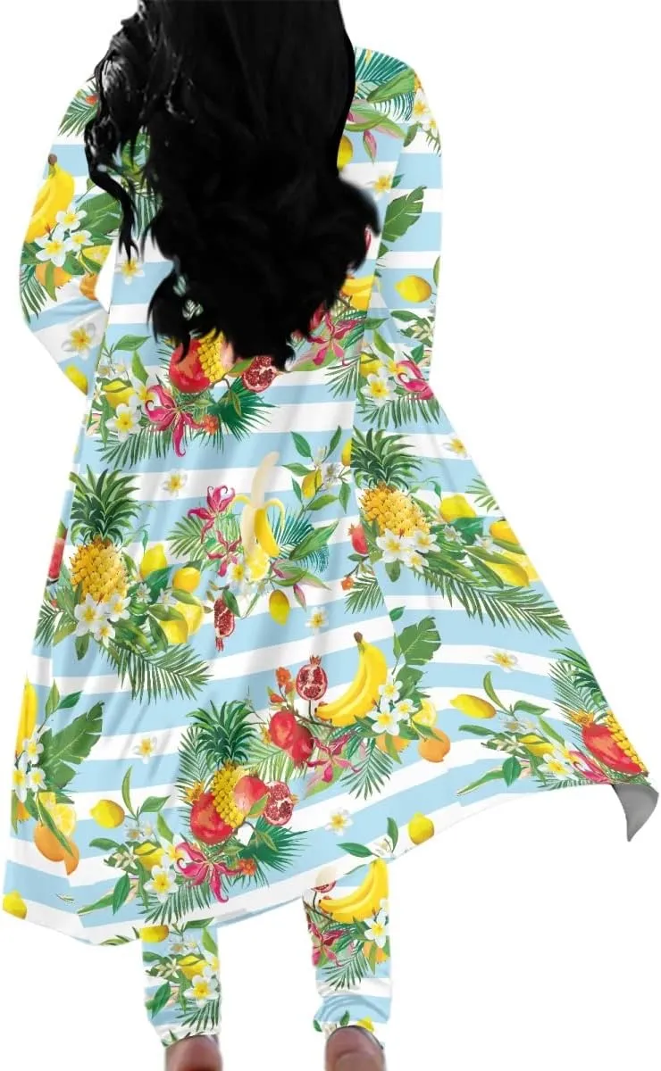GLUDEAR Womens 2 Piece Outfit Hawaiian Tropical Printed Open Front Cardigan Tights Pant Suits Set