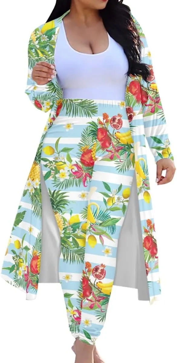 GLUDEAR Womens 2 Piece Outfit Hawaiian Tropical Printed Open Front Cardigan Tights Pant Suits Set