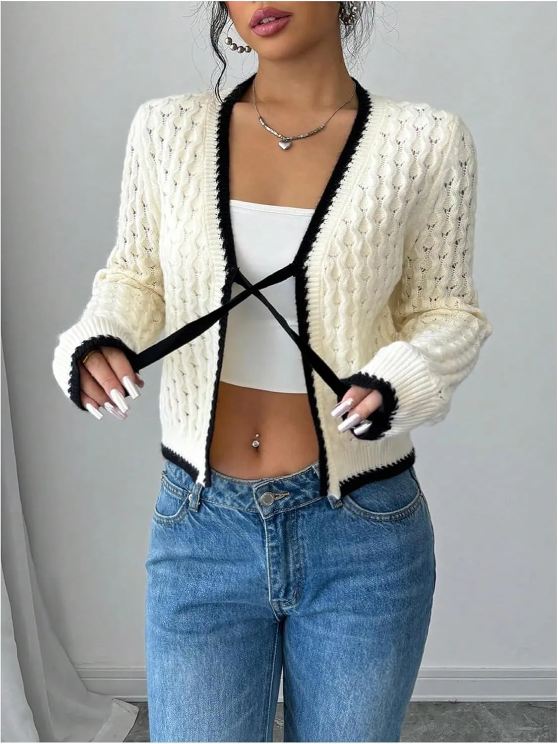 GORGLITTER Women's Bow Tie Front Cropped Cardigan Sweaters Crochet Long Sleeve Knitted Tops