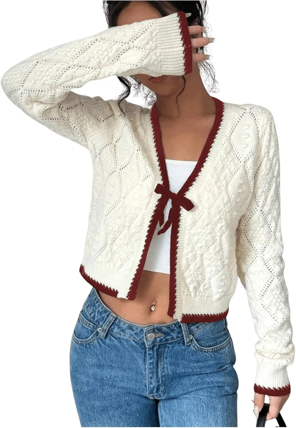 GORGLITTER Women's Bow Tie Front Cropped Cardigan Sweaters Crochet Long Sleeve Knitted Tops