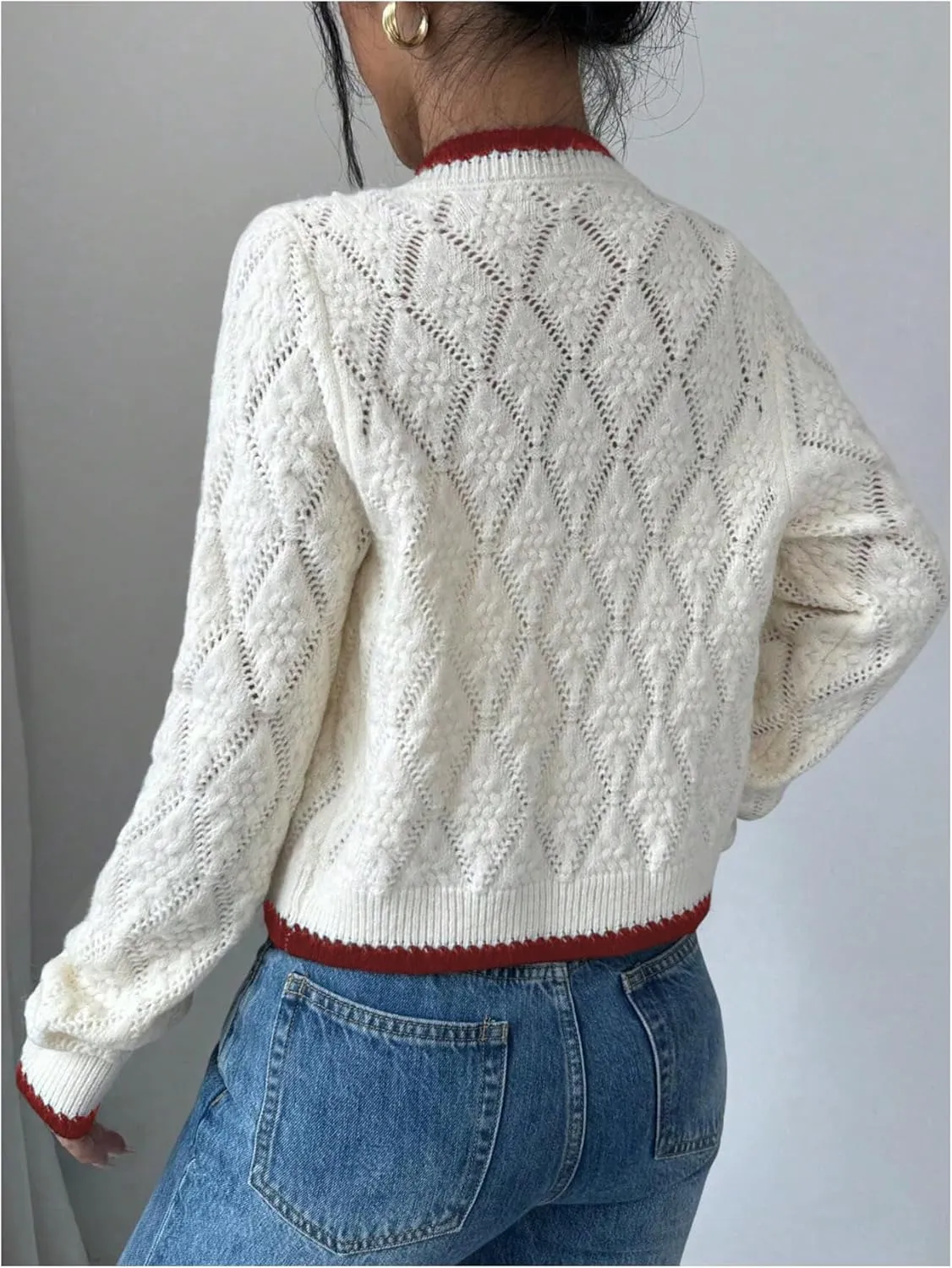 GORGLITTER Women's Bow Tie Front Cropped Cardigan Sweaters Crochet Long Sleeve Knitted Tops
