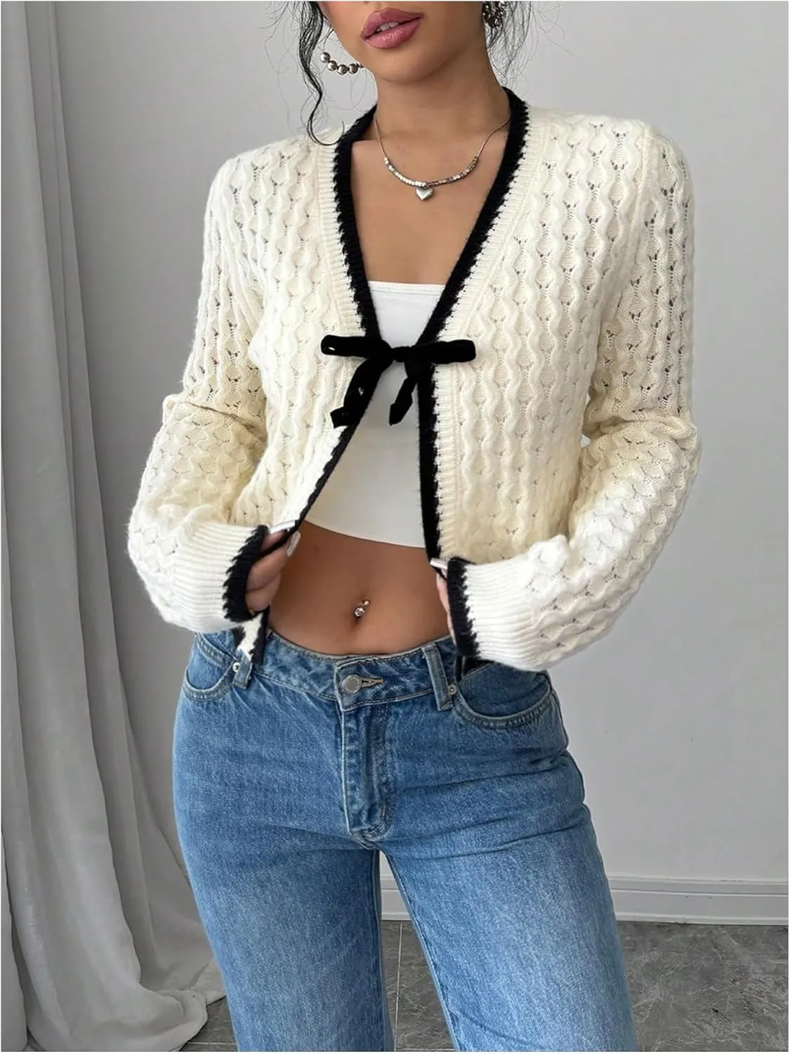 GORGLITTER Women's Bow Tie Front Cropped Cardigan Sweaters Crochet Long Sleeve Knitted Tops