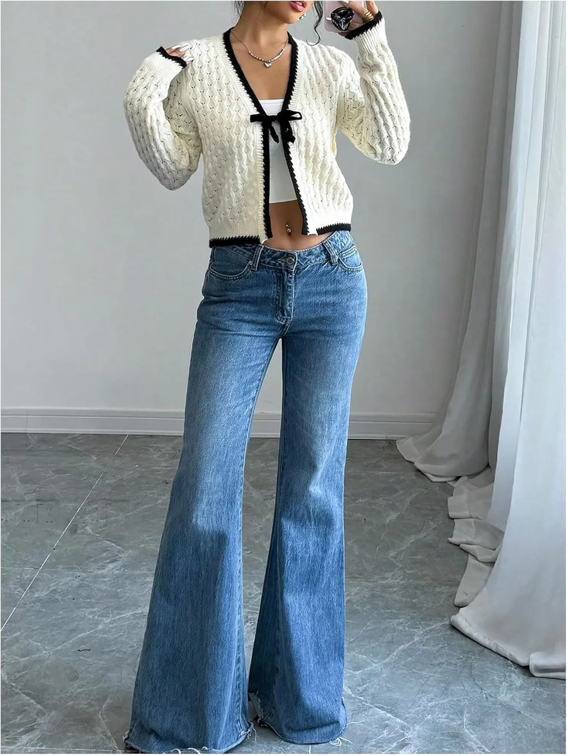 GORGLITTER Women's Bow Tie Front Cropped Cardigan Sweaters Crochet Long Sleeve Knitted Tops