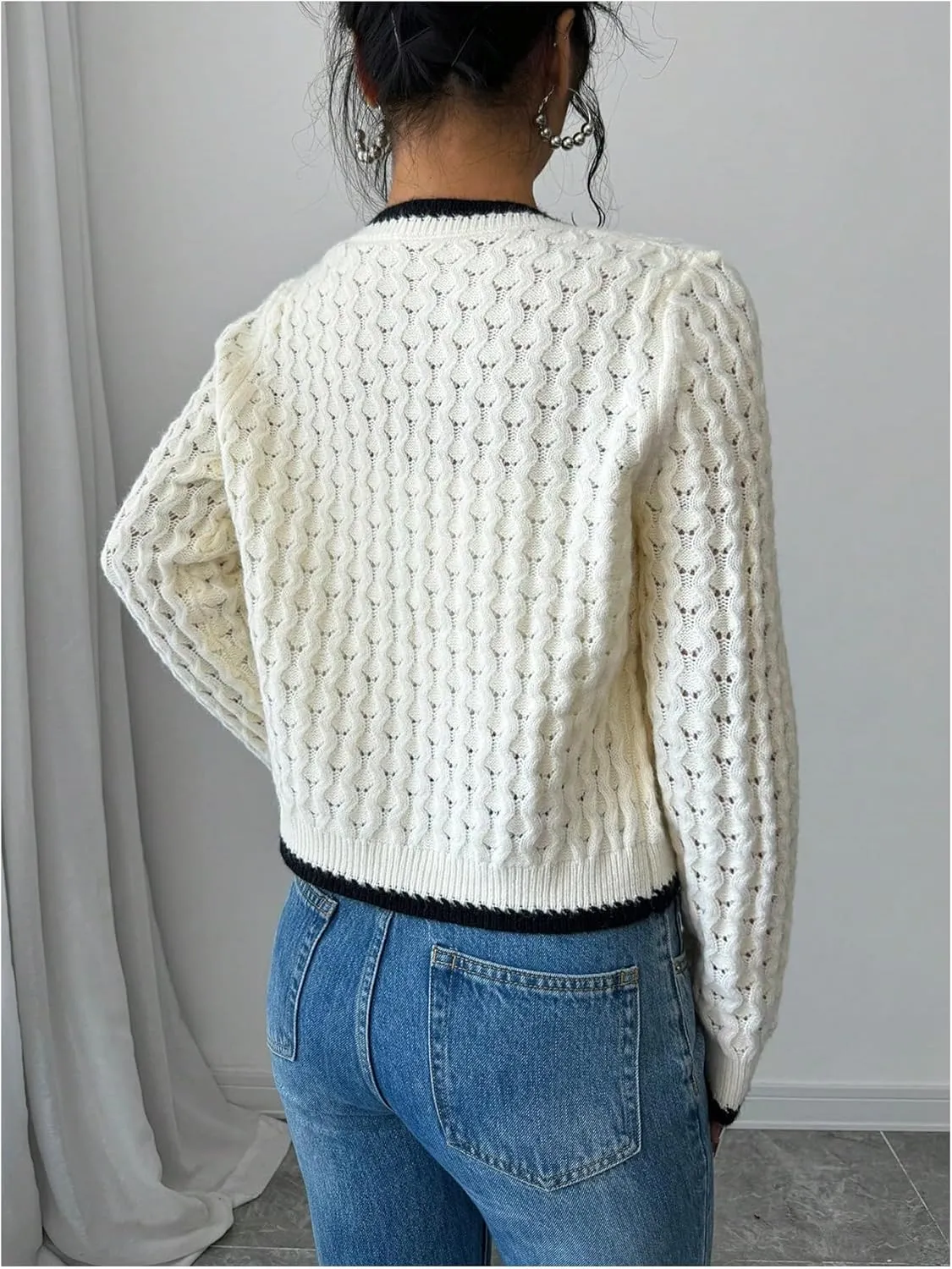 GORGLITTER Women's Bow Tie Front Cropped Cardigan Sweaters Crochet Long Sleeve Knitted Tops